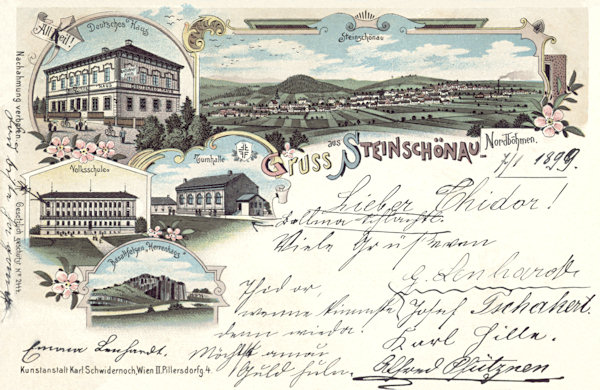 Na litografii Kamenického Šenova z roku 1899 je vpravo nahoře celkový pohled na horní část města s Šenovským vrchem v pozadí, na menších obrázcích vlevo je bývalý Německý dům nad náměstím, pod ním vlevo škola, vpravo tělocvična a úplně dole Panská skála.