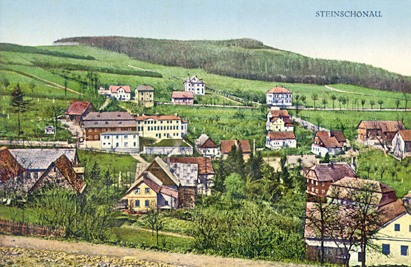 Pohlednice z doby kolem roku 1912 zachycuje dolní část Kamenického Šenova pod hlavní silnicí do České Kamenice. V pozadí je vrch Smrčník.