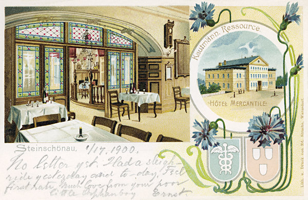 Pohlednice z roku 1900 zachycuje část interiéru hotelu Mercantile, využívaného především sklářskými obchodníky.