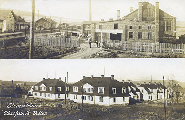 Na této pohlednici vidíme nejmladší kamenickošenovskou sklářskou huť Franze Vettera, postavenou u bývalého horního nádraží, a přilehlou koloni dělnických domků.
