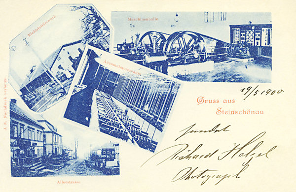 Tato pohlednice z roku 1900 zachycuje šenovskou elektrárnu, která stávala kousek pod lustrařskou továrnou Eliase Palmeho. Jako první městská elektrárna v tehdejším děčínském okrese byla uvedena do provozu 20. dubna 1899.