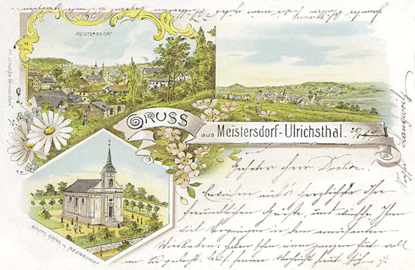 Tato litografie z roku 1897 zachycuje osadu Mistrovice z návrší „Scheibe“ a starokatolický kostel z roku 1897.