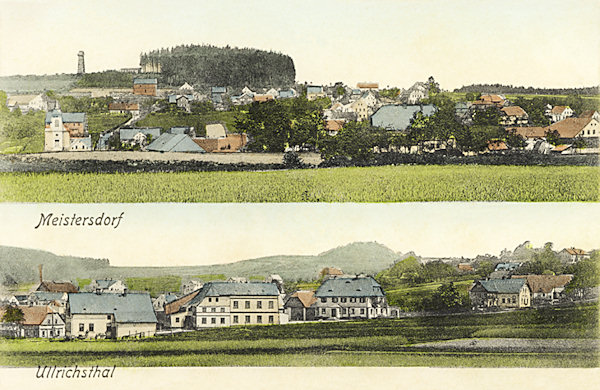 Tato pohlednice zachycuje společně obě osady Mistrovice a Nový Oldřichov. Na horním obrázku je dobře patrné návrší s rozhlednou Scheibenwarte.