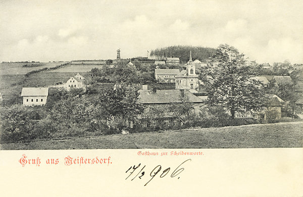 Na pohlednici z roku 1906 vidíme horní část Mistrovic s bývalým starokatolickým kostelem, postaveným roku 1897. Na návrší v pozadí je rozhledna Scheibenwarte.