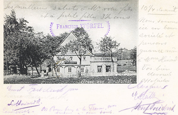Na této pohlednici je bývalý španělský hostinec „Budega Espana“ Franze Würfela.