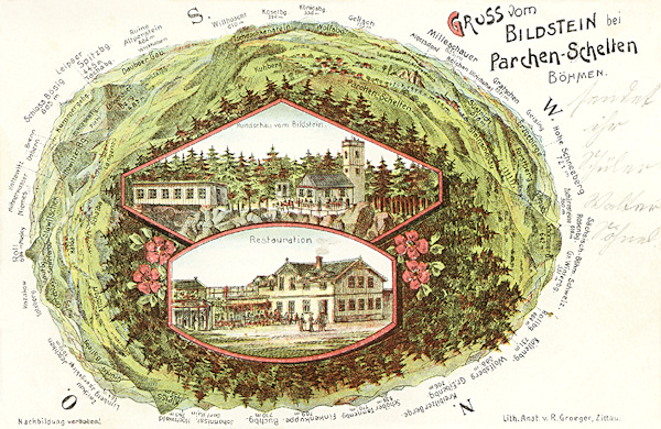 Tato pohlednice zobrazuje kruhový výhled z bývalé rozhledny na Obrázku u Práchně. Na obrázcích uprostřed je rozhledna s přilehlou dřevěnou terasou a sousední hostinec.