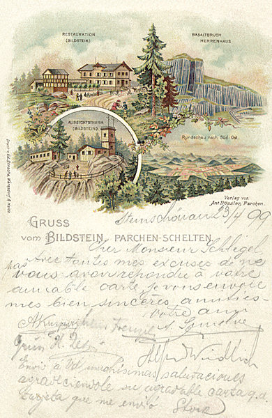 Na pohlednici z roku 1899 je zobrazena restaurace s rozhlednou na Obrázku u Práchně. Vpravo je nedaleká Panská skála a výhled z rozhledny směrem k jihovýchodu.