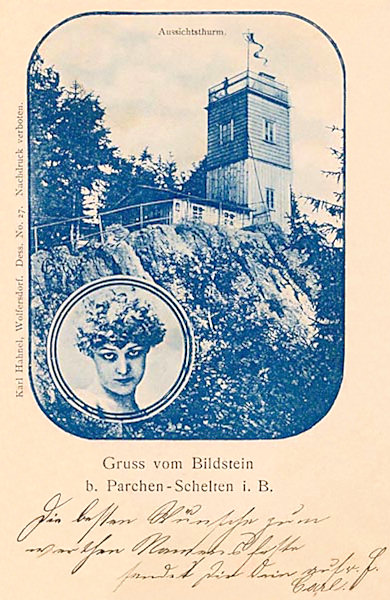 Na této nedatované pohlednici je zobrazena bývalá dřevěná rozhledna na Obrázku u Práchně.