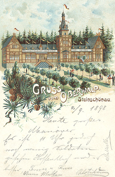 Na pohlednici z roku 1898 vidíme dnes již zaniklou restauraci Oberwald, která stávala jižně od Kamenického Šenova.