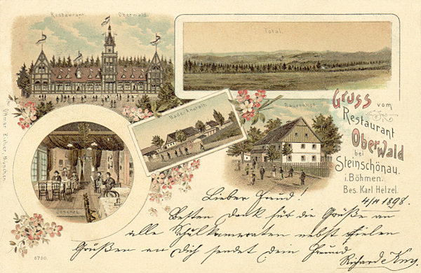 Tato pohlednice bývalé restaurace Oberwald u Kamenického Šenova je z roku 1898. Vlevo nahoře je celkový pohled na restauraci a vedle něj je zachycen výhled směrem k severozápadu. Na obrázcích dole je interiér restaurace, nedaleké lázně a selský dvůr.