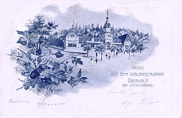 Pohlednice zaniklé restaurace Oberwald u Kamenického Šenova z roku 1905.