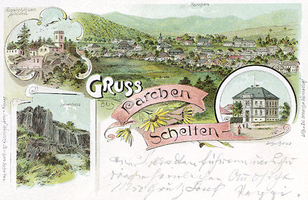 On this picture postcard under the overall view of the village in the smaller picture the school and to the left two favourite excursion spots in the surroundings: the lookout tower Obrázek and the columnar basaltic rock Panská skála (Basalt organ) are shown.