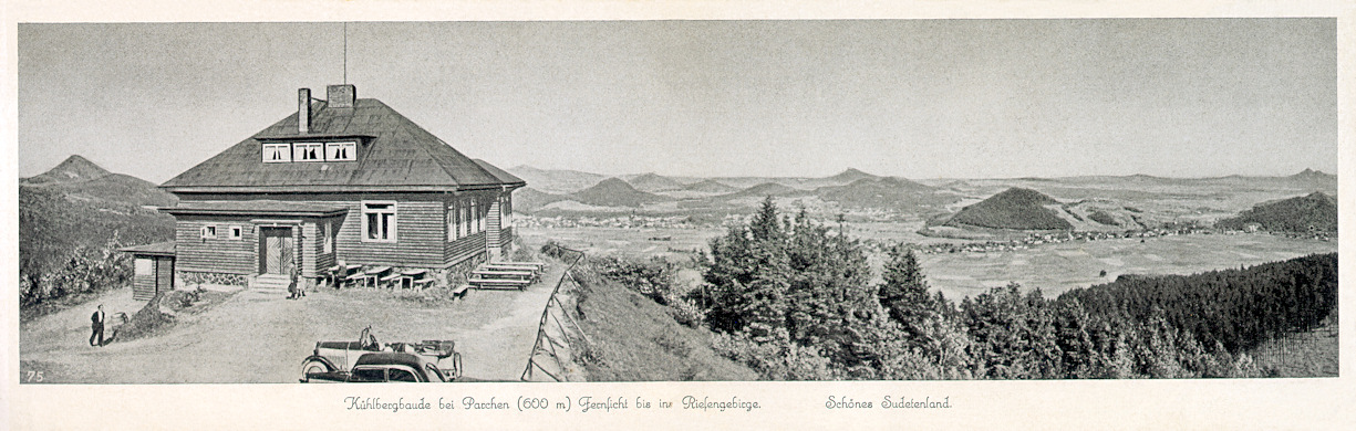 Tato skládací pohlednice ze 2. světové války zachycuje vrchol Vyhlídky s hostincem a dalekým výhledem do Českolipské kotliny.