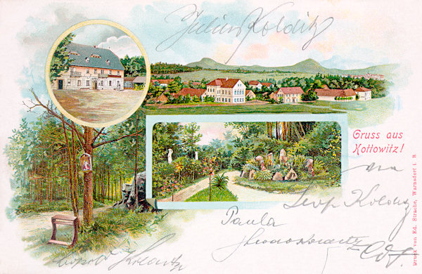Pohlednice z přelomu 19. a 20. století představuje obec s detailem hostince (vlevo nahoře) a parkové úpravy místních lázní (uprostřed).