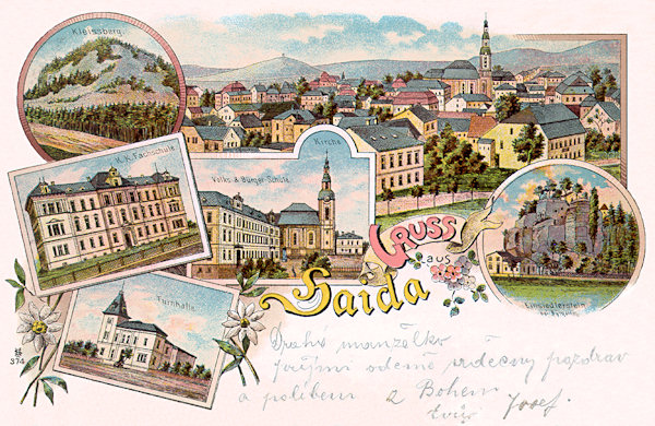 This lithography shows the central part of the town dominated by the church Assumption of the Virgin. On the smaller pictures there are the building of the Technical school of the Glass Industry, the lower secondary school with the church on the town square and on the lowermost one the former gymnasium. In the round pictures in the upper left you see the Klíč-hill and in the lower right the Eremite rock tower at Sloup.