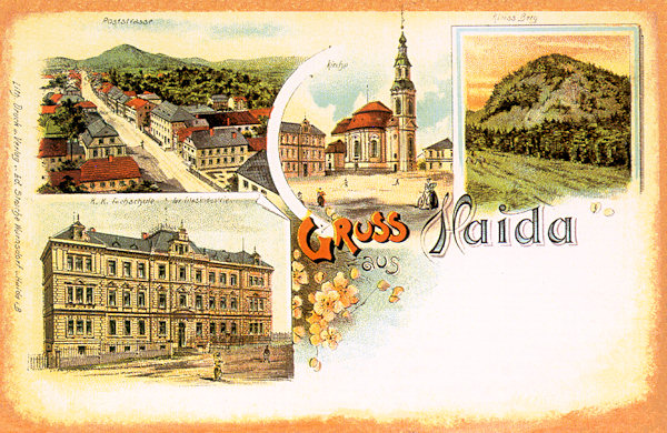 On this lithography from the end of the 19th century we see (left) the then Post street named street leading from the town square in the direction to Česká Lípa, in the centre the church Assumption of the Virgin at the town square and at the right one the Klíč-hill. The lower picture shows the building of the Technical school of the Glass Industry.