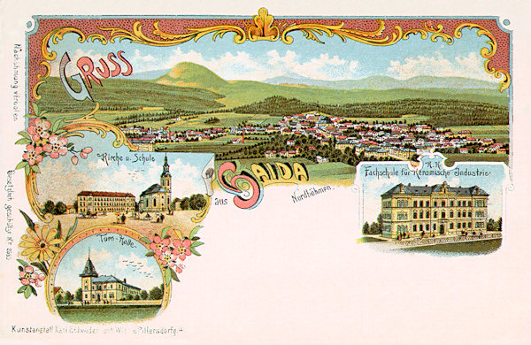 This picture postcard from 1900 shows the town with the expressive Klíč-hill in the background. On the smaller pictures to the left there is the former lower secondary school with the church of the Assumption of the Virgin at the town square and the former gymnasium, on the right one  the building of the Technical school of the Glass Industry.