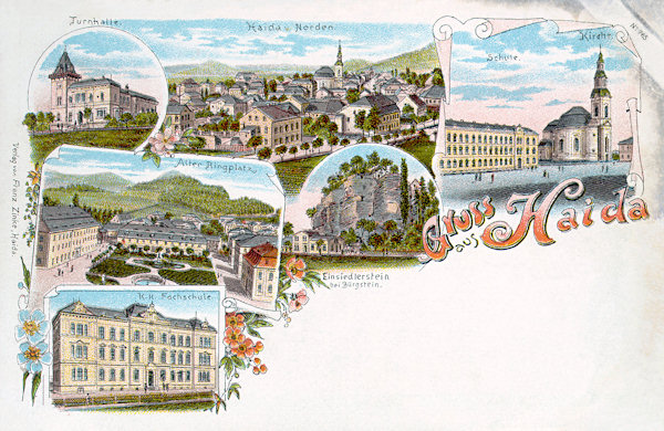This lithography shows the central part of the town as seen from the Borský vrch-hill. On the smaller pictures on the left side you see the former gymnasium (top), the park in the northern part of the town square (centre) and the building of the Technical school of the Glass Industry (bottom), in the centre is the Eremite rock tower at the nearby Sloup village and on the right a part of the town square with the former lower secondary school and the church Assumption of the Virgin.