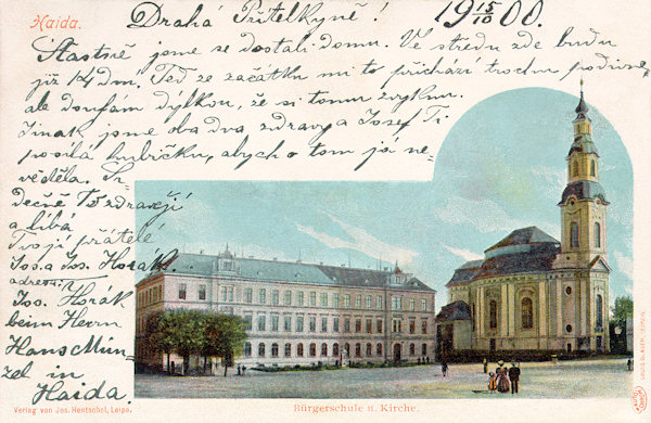 On this picture postcard from the end of the 19th century the southeastern part of the town-square is shown with the church Assumption of the Virgin and the house of the lower secondary school built in 1887 on the place of the former Piarist secondary school.