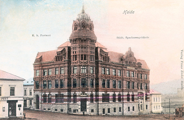 This picture postcard shows the Art Nouveau building of the post office and savings bank a short time after it was finished in 1904.