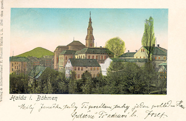 This picture postcard from the end of the 19th century shows the houses in the neighbourhood of the church Asumption of the Virgin as seen from the Northwest.