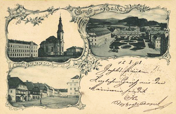 This picture postcard from the end of the 19th century shows the main square of Nový Bor, on the upper left there is the church Assumption of Virgin Mary and the building of the lower secondary school, in the lower pictures we see the small houses on the opposite side of the square and on the rigth there ist the small park in its northern part.