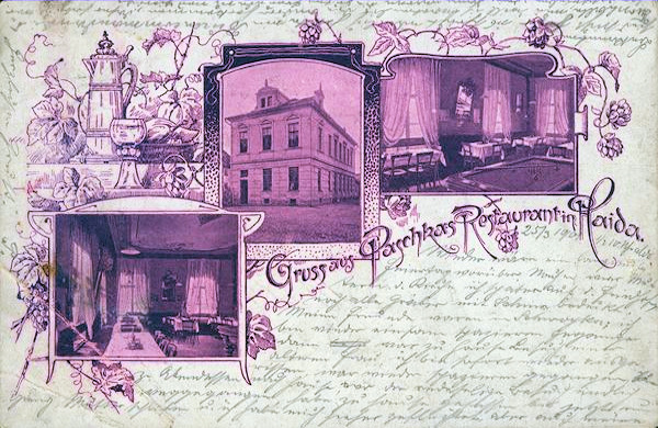 Pohlednice z přelomu 19. a 20. století představuje tehdejší Paschkovu restauraci, v jejíž budově dnes sídlí policie.