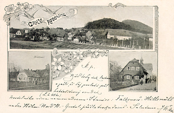 Pohlednice z konce 19. století zachycuje Radvanec od silnice ze Sloupu. Na obrázcích dole je hájovna u Údolí samoty a stará škola s kostelíkem sv. Antonína.