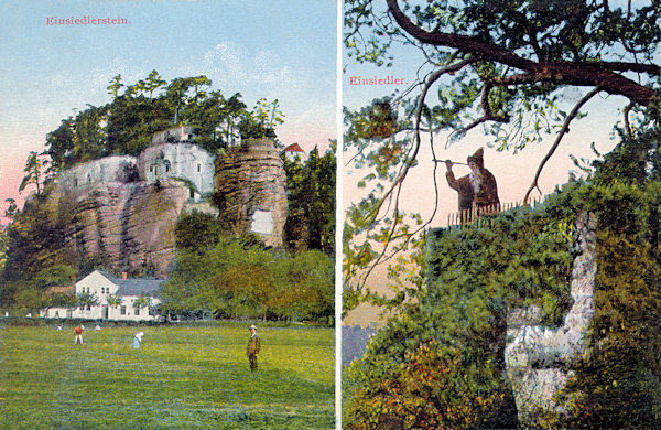 Na této pohlednici Poustevnického kamene je vedle celkového pohledu zobrazena také socha poustevníka Samuela Görnera, umístěná na východním okraji skalního suku.