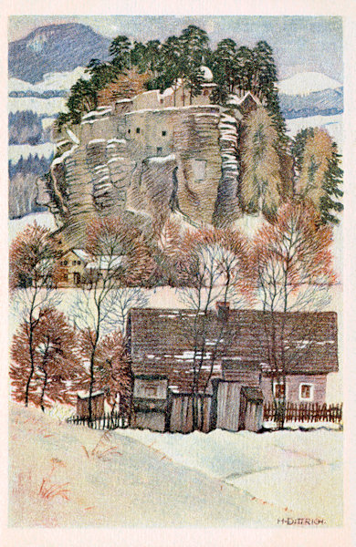 Na pohlednici z roku 1930 je zimní malba Poustevnického kamene od H. Dittricha.