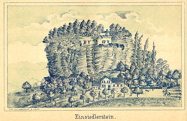 Na obrázku z roku 1883 je celkový pohled na skalní suk s poustevnou, o níž se tehdy předpokládalo, že byla vytvořena v upravených prostorách bývalého skalního hradu.