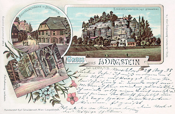 Diese Lithografie vom Jahre 1898 bildet den Poustevnický kámen (Einsiedlerstein) (rechts), das Einkehrgasthaus Fichtelschenke (links oben) und den Modlivý důl (Betgraben) mit Felsenkapelle bei Svojkov (Schwoika) (unten) ab.
