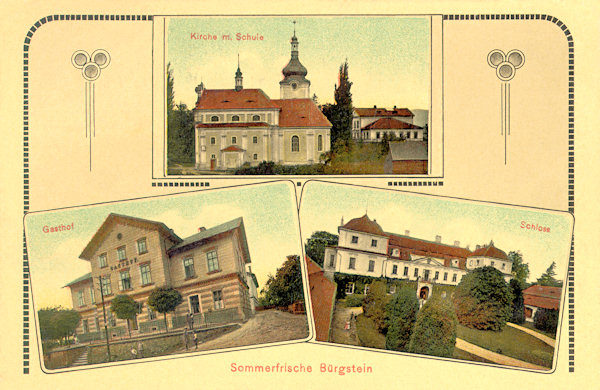 Diese Ansichtskarte vom Jahre 1912 zeigt oben die Kirche der hl. Katharina mit der Schule, unten rechts steht das Kinsky-Schloss und links das benachbarte gräfliche Hotel.