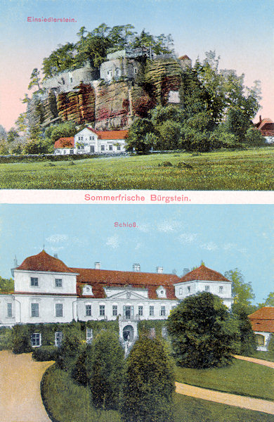 Tato meziválečná pohlednice zachycuje skalní suk, označovaný dříve jako Poustevnický kámen (nahoře) a barokní zámek Kinských, upravený do dnešní podoby za Karla Kinského ve 20. letech 19. století (dole).