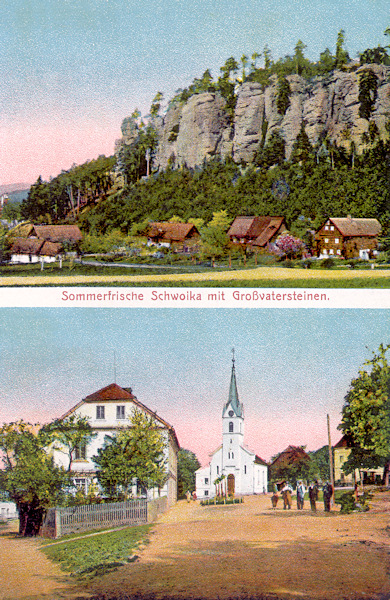 Auf dieser Ansichtskarte aus dem Jahre 1915 ist das Ortszentrum von Svojkov (Schwoika) mit der St.-Wenzel-Kapelle (unten) und den hohen Felswänden der Svojkovské skály (Schwoikaer Gebirge) über dem Dorfe.