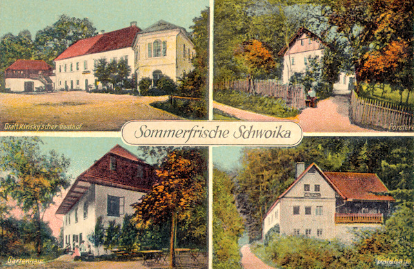 Auf dieser Ansichtskarte aus den 20er Jahren des 20. Jahrhunderts sieht man einige damals bedeutende Gebäude der Gemeinde. Oben links ist die gräflich Kinskysche Ausflugsgaststätte, rechts das herrschaftliche Forsthaus, unter ihr das Waldhaus am Wege in den Modlivý důl (Betgraben) und links unten das Gartenrestaurant.