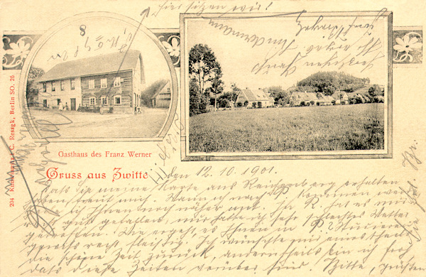 Na pohlednici z roku 1901 je vpravo celkový pohled na osadu a vlevo bývalý hostinec Franze Wernera.