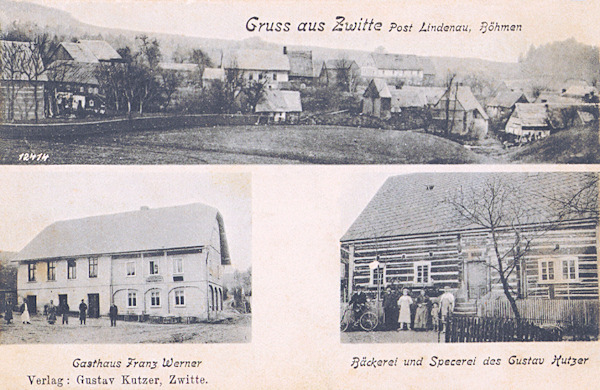 Na této pohlednici z doby kolem roku 1900 vidíme nahoře celou osadu směrem od jihozápadu, na obrázcích dole je bývalý Wernerův hostinec č.p.30 (vlevo) a Kutzerovo pekařství č.p.36 (vpravo).