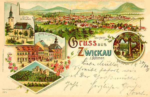 Historische Ansichtskarte von Cvikov (Zwickau i. B.) aus dem Jahre 1898. Ausser der Gesamtansicht der Stadt ist links die Kirche St. Elisabeth, die Südseite des Marktplatzes mit dem Rathause und die Felsen des Dutý kámen (Hohlstein), rechts ist das Felsentor auf dem Milštejn (Mühlstein).