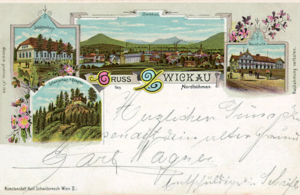 Auf dieser Ansichtskarte von Cvikov (Zwickau) aus 1901 ist in der Mitte eine Gesamtansicht der Stadt, rechts davon die Turnhalle und links die ehemalige Schiessstäte und die eingegangene Gaststätte „Schweizerhaus“ an der Südostseite der Zelený vrch (Grünberg).