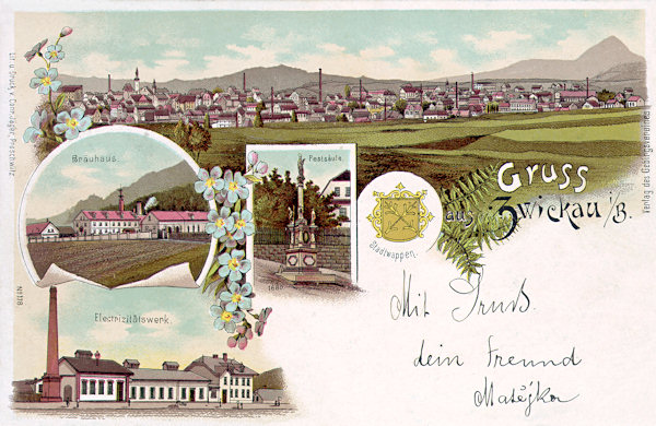 On this lithographic postcard from the turn of the 19th and 20th century you see Cvikov with the dominant hill Klíč in the background. The smaller pictures show three important objects: the brewery at the foot of the Zelený vrch, the plague column originating from 1695 and the newly-built power station.