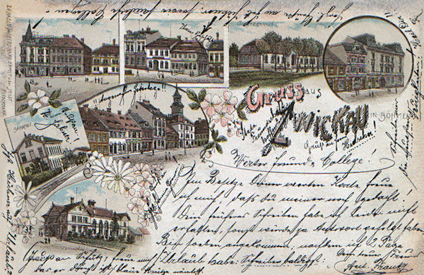 The four pictures of this lithographic postcard from the turn of the 19th and 20th century shows all the four sides of the market place of which the western one with the hotel „Zum Goldenen Löwen“ (upper right) at present no longer exists. The remainig pictures show the building of the former shooting-range (second picture upper right), the railway station (middle left) and the gymnasium (below).