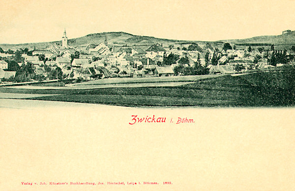 Diese Ansichtskarte zeigt Cvikov (Zwickau) am Ende des 19. Jahrhunderts.