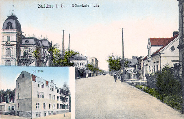 This picture postcard shows the upper part of the former main road to Svor. On the left you see the villa and the mechanical weaving-mill of Joseph Wenzel, in the lower cut there is the „Emperor Franz Joseph I - Jubilee sanatorium for tuberculous children“ from 1910 which in the thirties of the 20th century had been liberally enlarged to an „State sanatory for tuberculous children“.