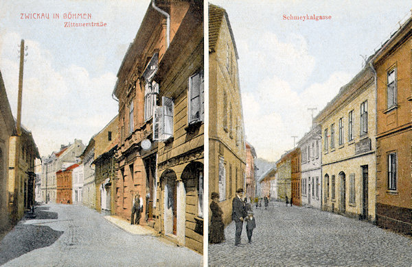 Auf dieser Ansichtskarte sieht man zwei alte Gassen der Stadt. Während das Aussehen der Žitavská ulice (Zittauer Gasse, links) nach dem 2. Weltkrieg viel duch Umbauten und den Abriss einiger Häuser gelitten hat, hat sich die heutige Kollárova ulice (rechts) bis heute ihr ursprüngliches, nach dem grossen Brande 1820 entstandenes Aussehen erhalten.