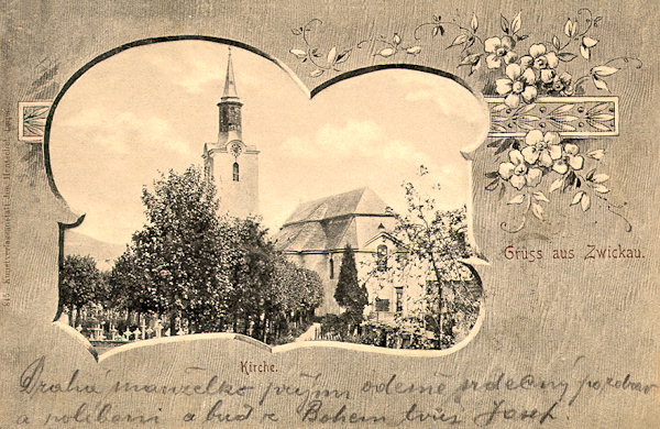 Diese Ansichtskarte vom Ende des 19. Jahrhunderts zeigt die vom alten, 1890 aufgehobenen Friedhof umgebene Kirche St. Elisabeth in Cvikov (Zwickau).
