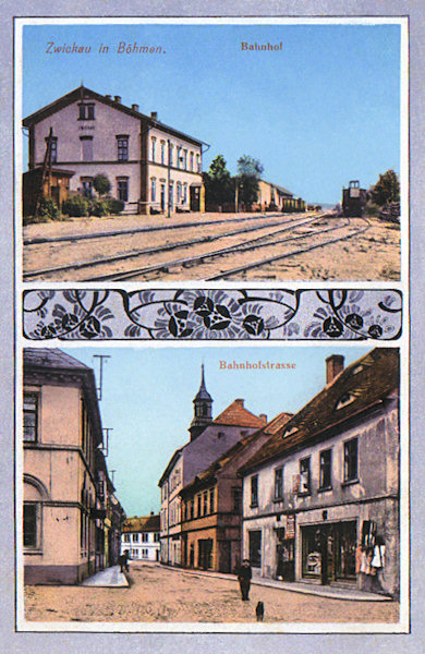 On this picture postcard the upper picture shows the railway station opened in September 1886. The lower picture shows the former Kostelní ulice (=Church lane).