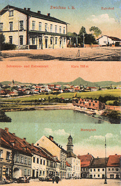Diese Ansichtskarte zeigt den Bahnhof von Cvikov (Zwickau) nach dem Anbau des Schutzdaches am Bahnsteig. Auf den anderen Bildern ist die Gesamtansicht der Stadt vom Zelený vrch (Grünberg) und die Südwestecke des Marktplatzes mit dem alten Rathaus abgebildet.