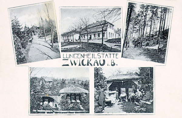 This picture postcard shows some places in the parklike area of the former provincial pulmonary sanatory below the Calvary hill near of Cvikov.