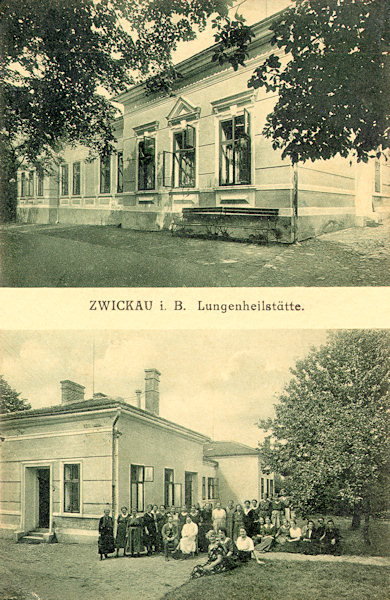 Diese Ansichtskarte zeigt einen der Pavillons der ehemaligen Lungenheilanstalt, die 1905 von Dr. Horner beim hiesigen Krankenhaus unter dem Kalvarienberg gegründet wurde. Das Haus steht heute noch, sein Aussehen hat sich aber infolge späterer Umbauten bedeutend verändert.